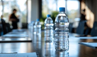 Wasserflaschen uuf einem Konferenztisch als Hilfe zur besseren Konzentration